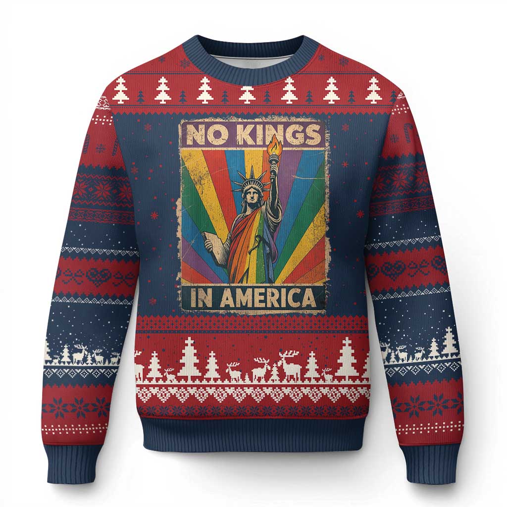 Funny No Kings In America LGBT Ugly Christmas Sweater Retro Statue Of Liberty - Print Your Wear