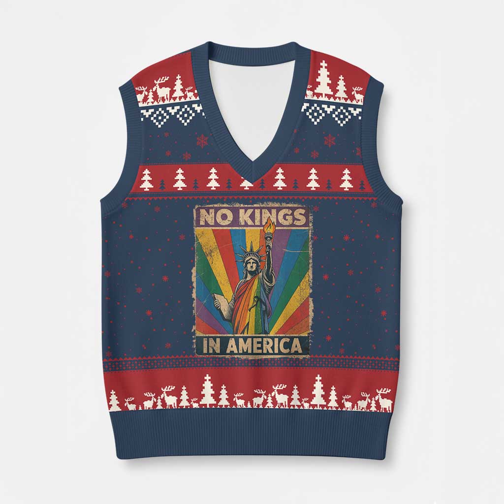 Funny No Kings In America LGBT V-Neck Knit Sweater Vest Retro Statue Of Liberty - Print Your Wear