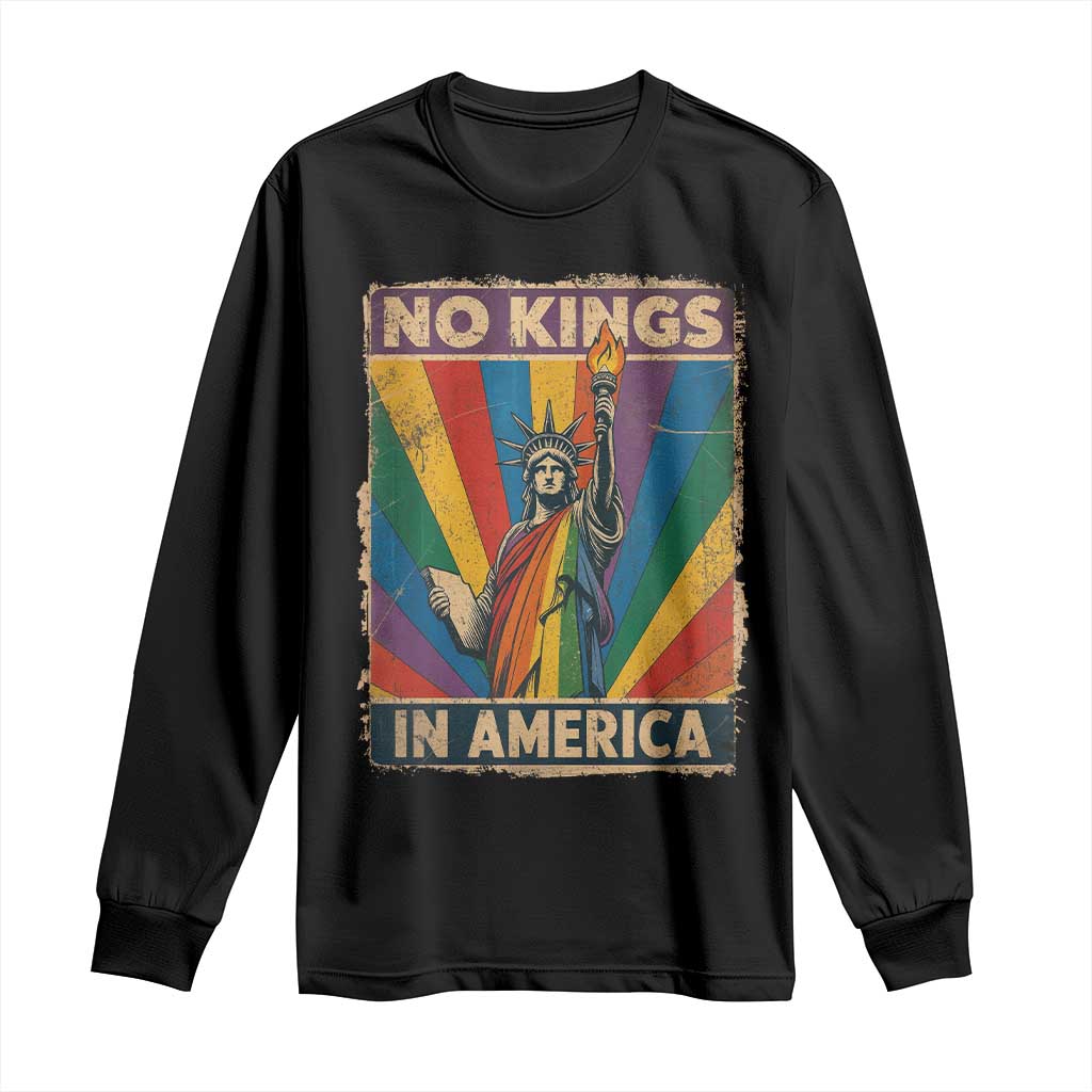 Funny No Kings In America LGBT Long Sleeve Shirt Retro Statue Of Liberty - Print Your Wear