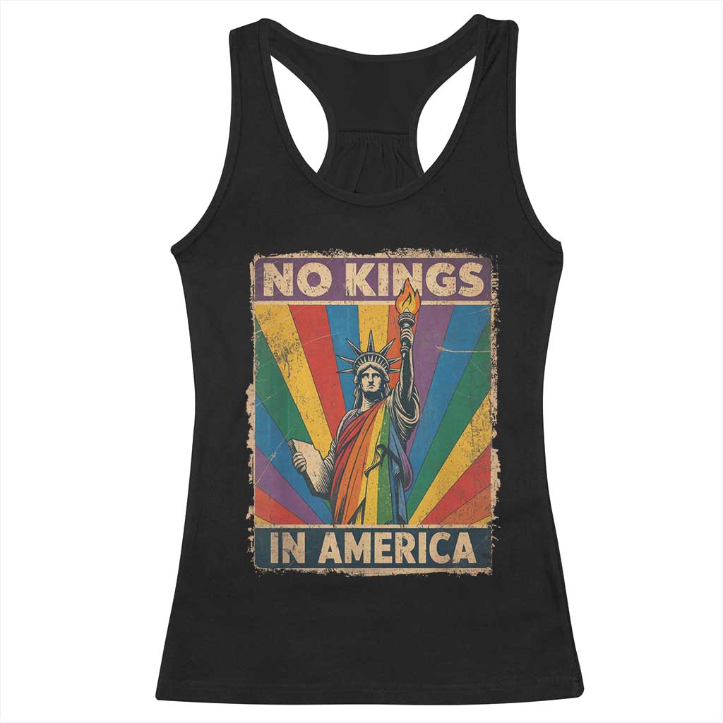 Funny No Kings In America LGBT Racerback Tank Top Retro Statue Of Liberty - Print Your Wear