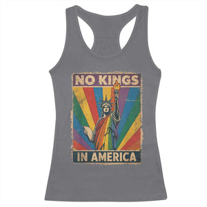 Funny No Kings In America LGBT Racerback Tank Top Retro Statue Of Liberty - Print Your Wear