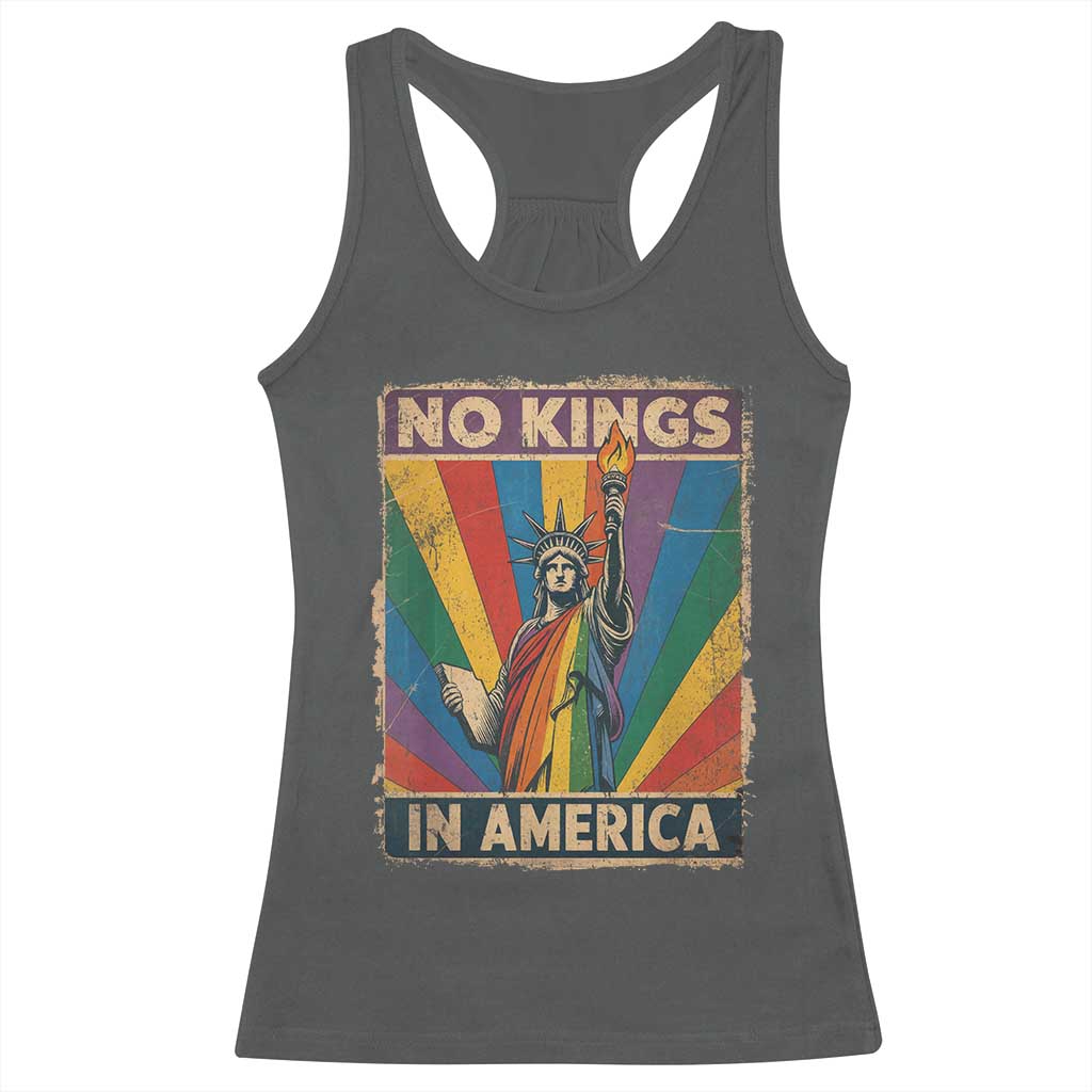 Funny No Kings In America LGBT Racerback Tank Top Retro Statue Of Liberty TS11 Dark Heather Print Your Wear