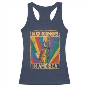 Funny No Kings In America LGBT Racerback Tank Top Retro Statue Of Liberty - Print Your Wear