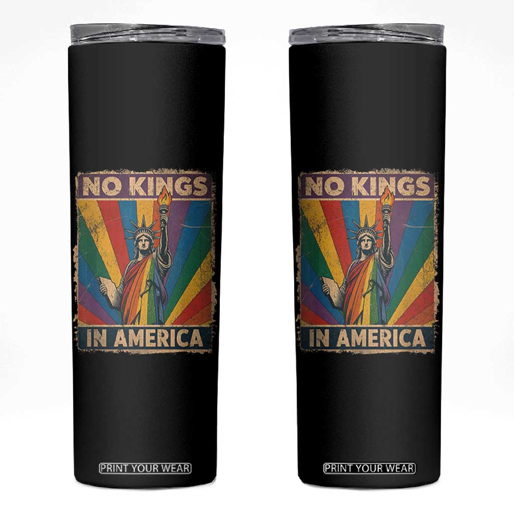 Funny No Kings In America LGBT Skinny Tumbler Retro Statue Of Liberty - Print Your Wear