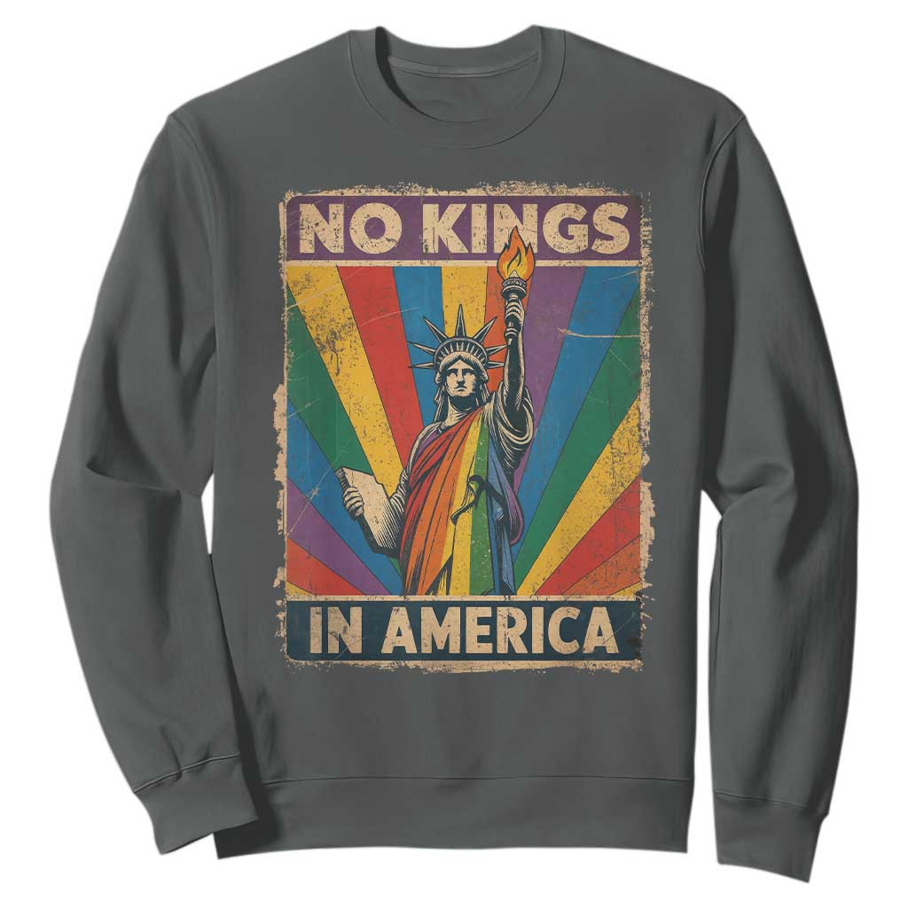 Funny No Kings In America LGBT Sweatshirt Retro Statue Of Liberty TS11 Dark Heather Print Your Wear
