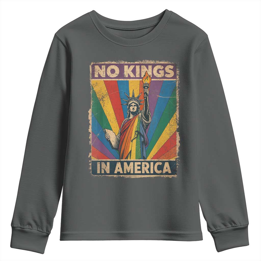 Funny No Kings In America LGBT Youth Sweatshirt Retro Statue Of Liberty TS11 Dark Heather Print Your Wear