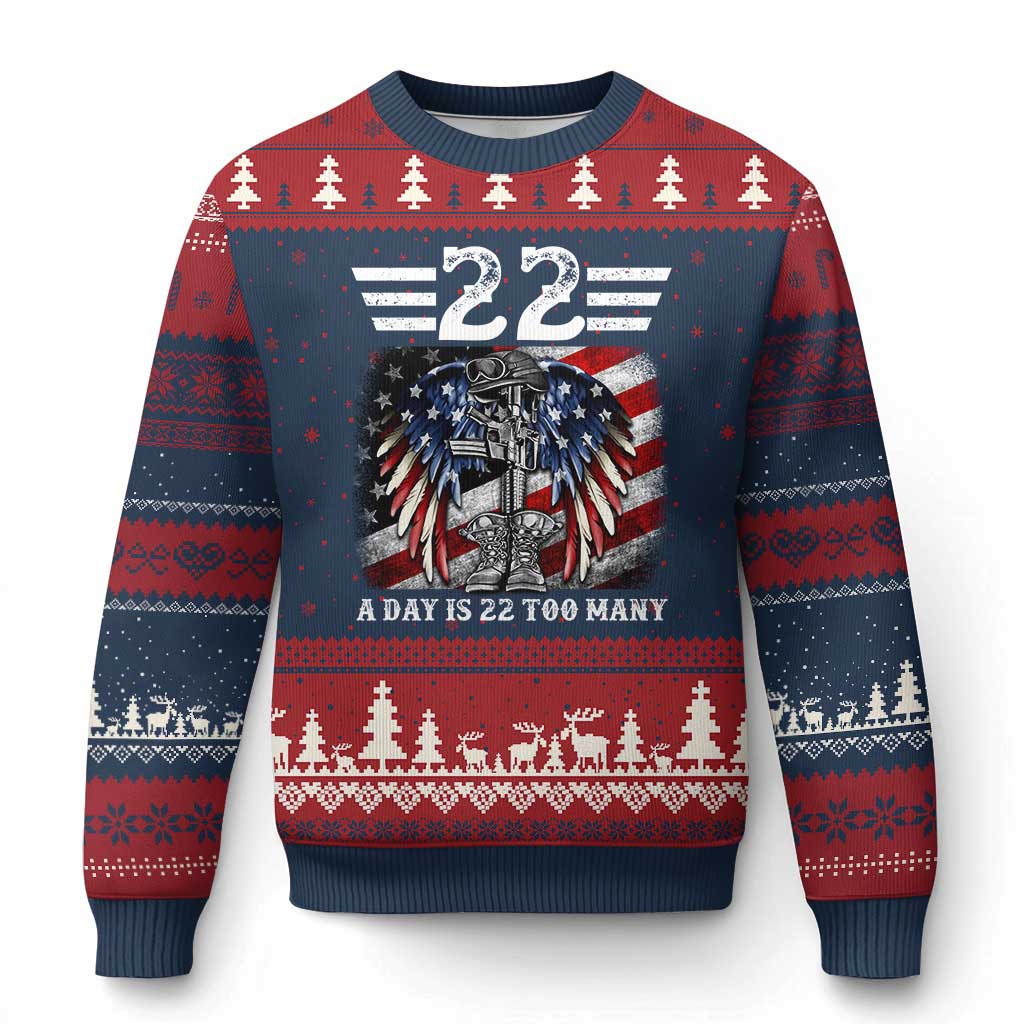 Veteran Suicide Awareness Ugly Christmas Sweater 22 A Day Is 22 Too Many Vintage American Flag - Print Your Wear