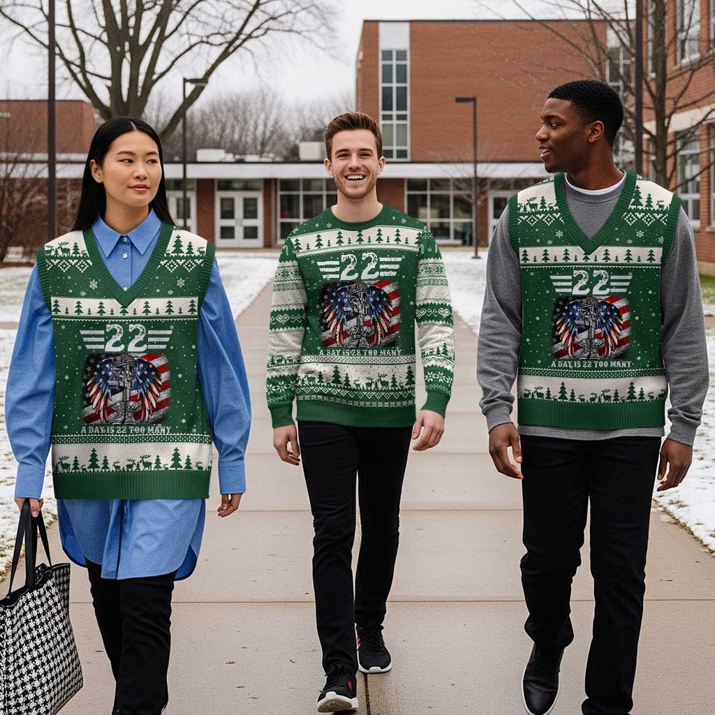 Veteran Suicide Awareness V-Neck Knit Sweater Vest 22 A Day Is 22 Too Many Vintage American Flag - Print Your Wear