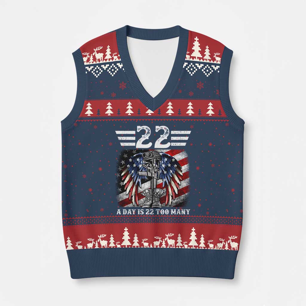 Veteran Suicide Awareness V-Neck Knit Sweater Vest 22 A Day Is 22 Too Many Vintage American Flag - Print Your Wear