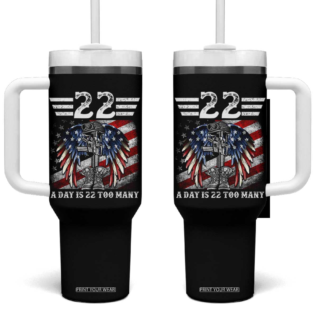 Veteran Suicide Awareness Tumbler With Handle 22 A Day Is 22 Too Many Vintage American Flag TS11 One Size: 40 oz Black Print Your Wear