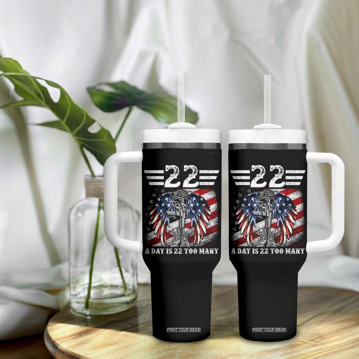 Veteran Suicide Awareness Tumbler With Handle 22 A Day Is 22 Too Many Vintage American Flag TS11 Print Your Wear