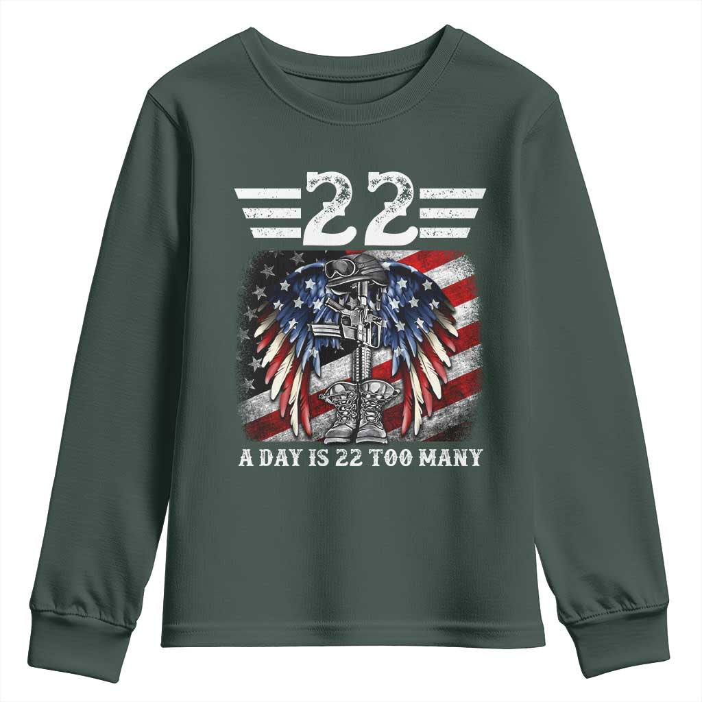 Veteran Suicide Awareness Youth Sweatshirt 22 A Day Is 22 Too Many Vintage American Flag TS11 Dark Forest Green Print Your Wear