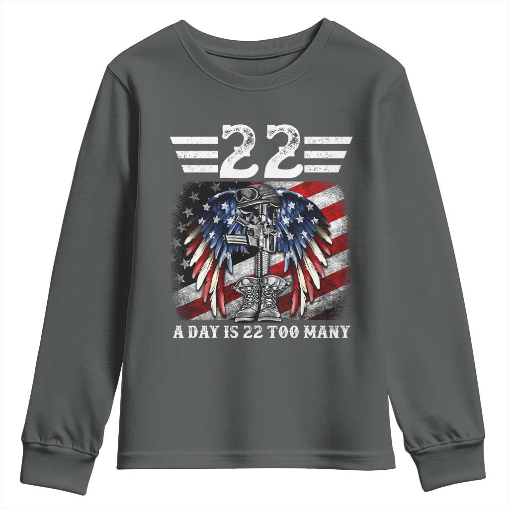 Veteran Suicide Awareness Youth Sweatshirt 22 A Day Is 22 Too Many Vintage American Flag TS11 Dark Heather Print Your Wear