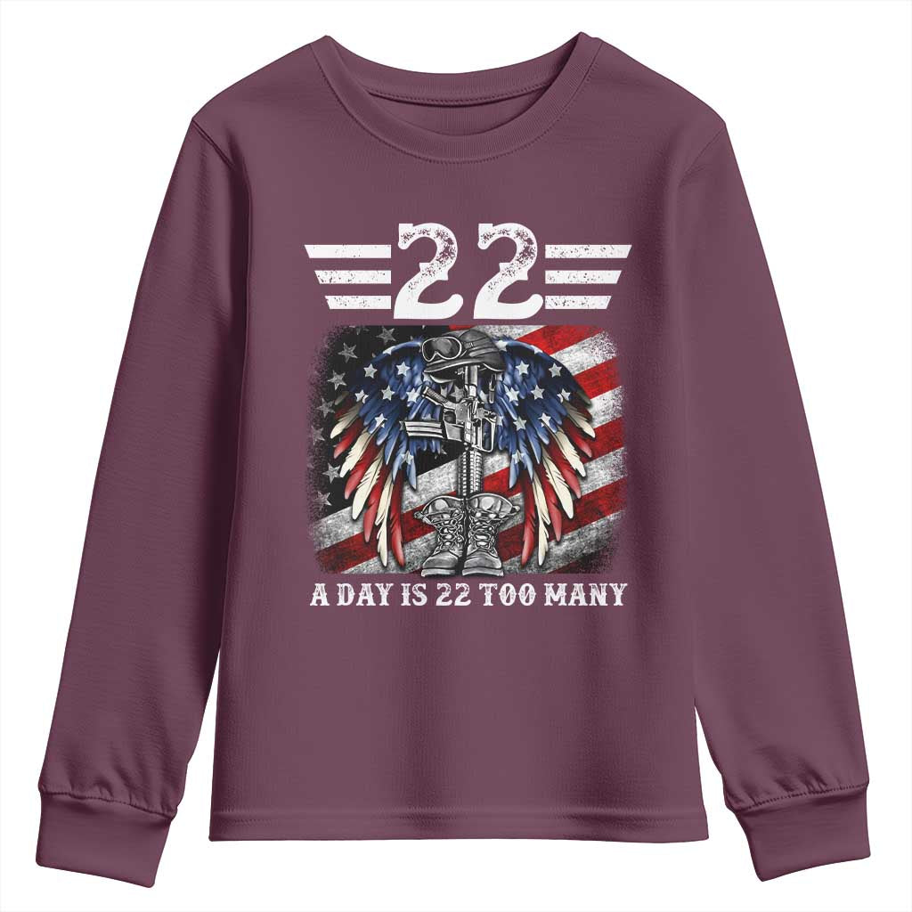 Veteran Suicide Awareness Youth Sweatshirt 22 A Day Is 22 Too Many Vintage American Flag TS11 Maroon Print Your Wear