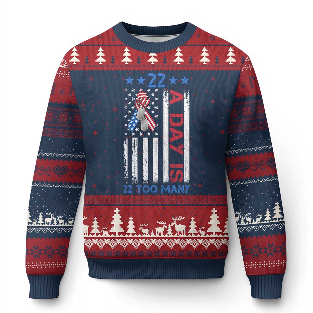 Veteran Suicide Awareness Ugly Christmas Sweater 22 A Day Is 22 Too Many American Flag - Print Your Wear