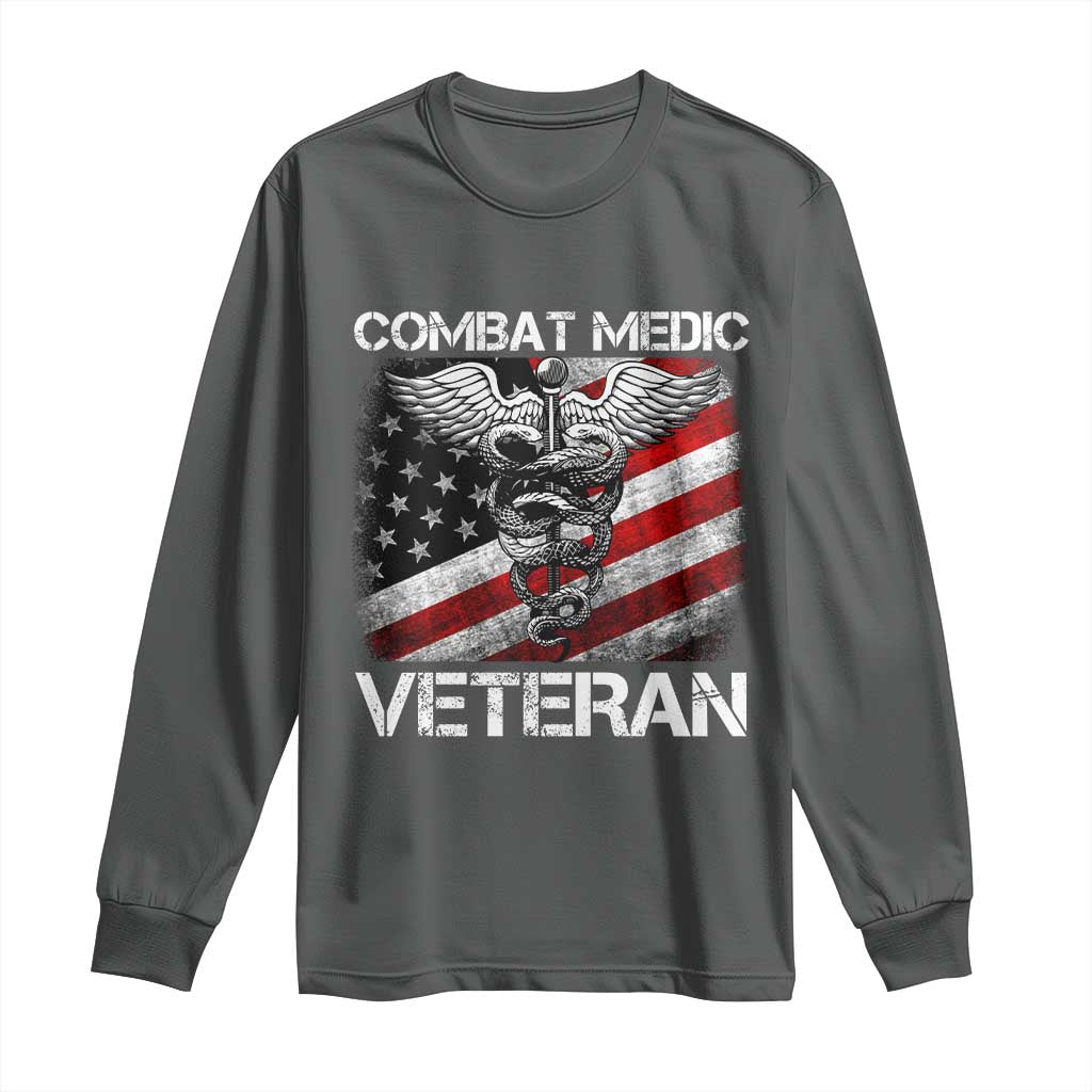 Combat Medic Veteran Long Sleeve Shirt Medical Military Soldier Vintage American Flag TS11 Dark Heather Print Your Wear