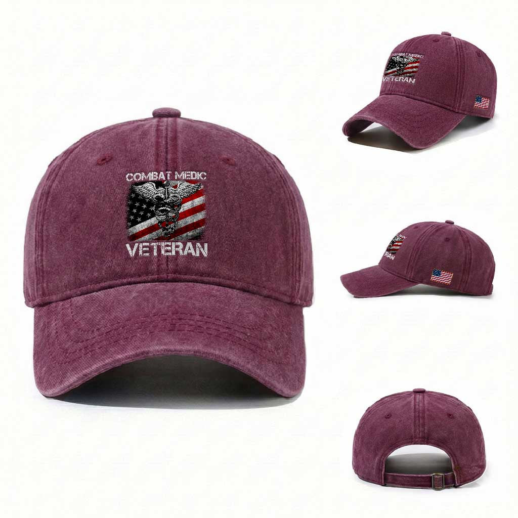 Combat Medic Veteran Washed Cotton Baseball Cap Medical Military Soldier Vintage American Flag TS11 Washed Cap Universal Fit Burgundy Print Your Wear