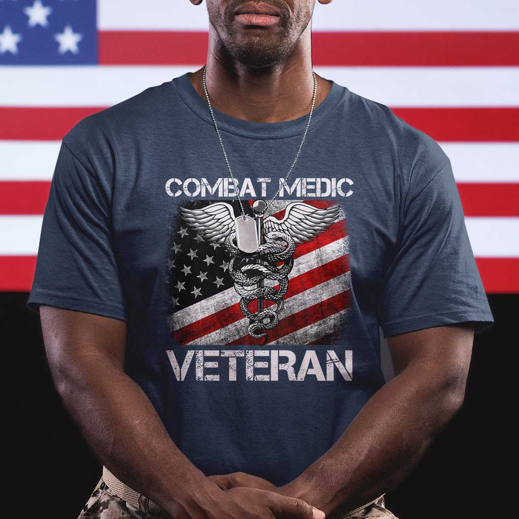 Combat Medic Veteran T Shirt Medical Military Soldier Vintage American Flag TS11 Navy Print Your Wear