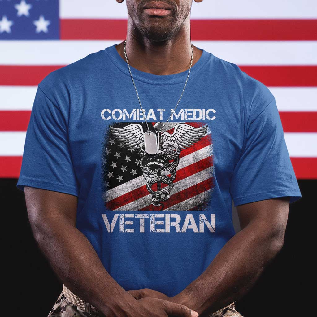 Combat Medic Veteran T Shirt Medical Military Soldier Vintage American Flag TS11 Royal Blue Print Your Wear
