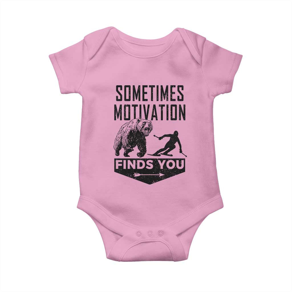 Funny Skiing Baby Onesie Sometimes Motivation Finds You Ski Mountain Bear TS11 Light Pink Print Your Wear
