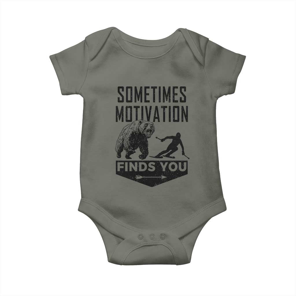 Funny Skiing Baby Onesie Sometimes Motivation Finds You Ski Mountain Bear TS11 Military Green Print Your Wear