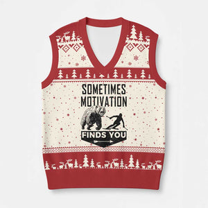 Funny Skiing V-Neck Knit Sweater Vest Sometimes Motivation Finds You Ski Mountain Bear TS11 Beige Red Print Your Wear