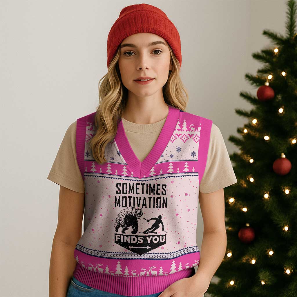 Funny Skiing V-Neck Knit Sweater Vest Sometimes Motivation Finds You Ski Mountain Bear TS11 Hot Pink Print Your Wear