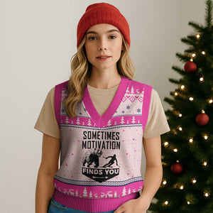 Funny Skiing V-Neck Knit Sweater Vest Sometimes Motivation Finds You Ski Mountain Bear TS11 Hot Pink Print Your Wear