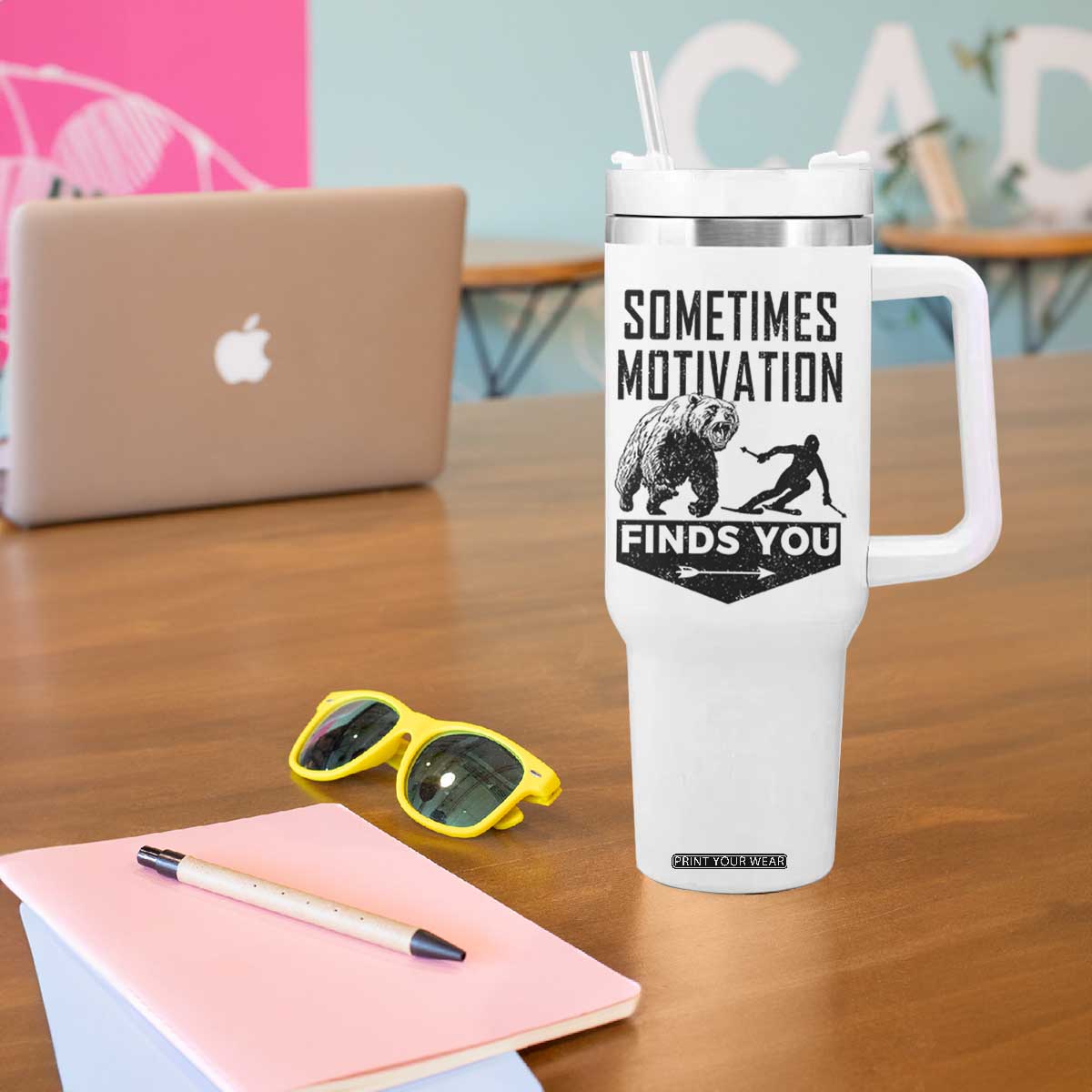 Funny Skiing Tumbler With Handle Sometimes Motivation Finds You Ski Mountain Bear TS11 Print Your Wear