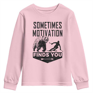 Funny Skiing Youth Sweatshirt Sometimes Motivation Finds You Ski Mountain Bear TS11 Light Pink Print Your Wear