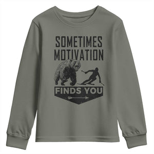 Funny Skiing Youth Sweatshirt Sometimes Motivation Finds You Ski Mountain Bear TS11 Military Green Print Your Wear