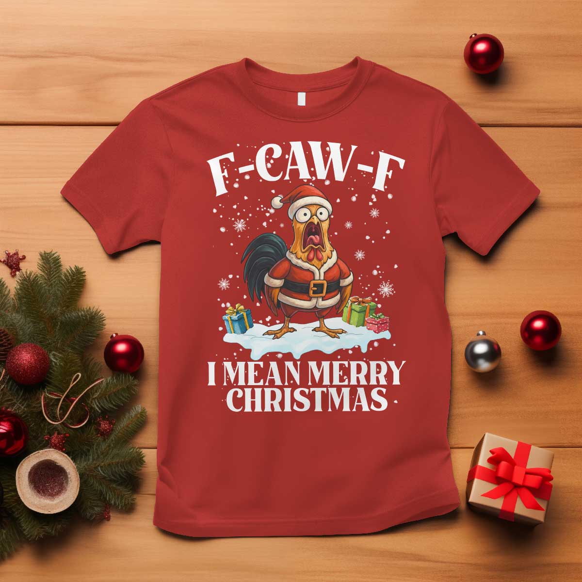 Funny F Caw F Chicken Xmas T Shirt F Caw F I Mean Merry Christmas TS11 Red Print Your Wear
