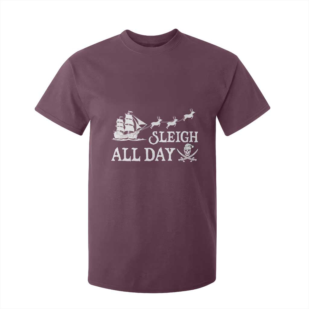 Funny Christmas Pirate T Shirt For Kid Sleigh All Day Pirate Skull Ship TS11 Maroon Print Your Wear