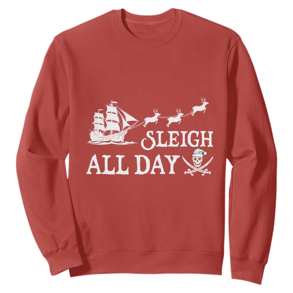 Funny Christmas Pirate Sweatshirt Sleigh All Day Pirate Skull Ship TS11 Red Print Your Wear