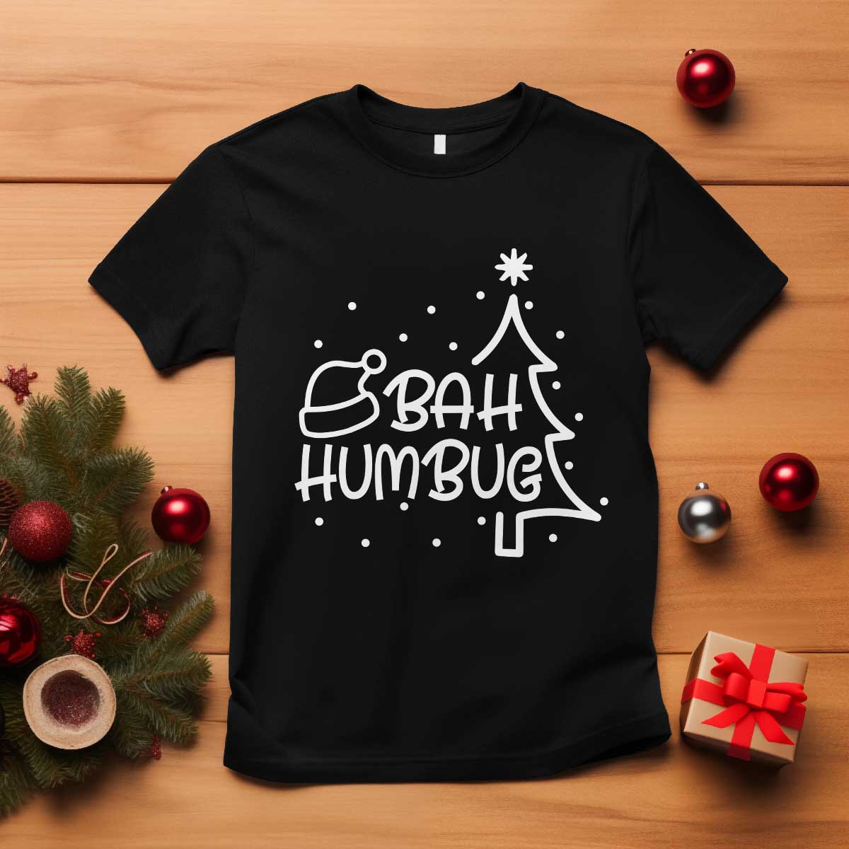 Funny Bah Humbug Christmas T Shirt Santa Hat Xmas Tree TS11 Black Print Your Wear