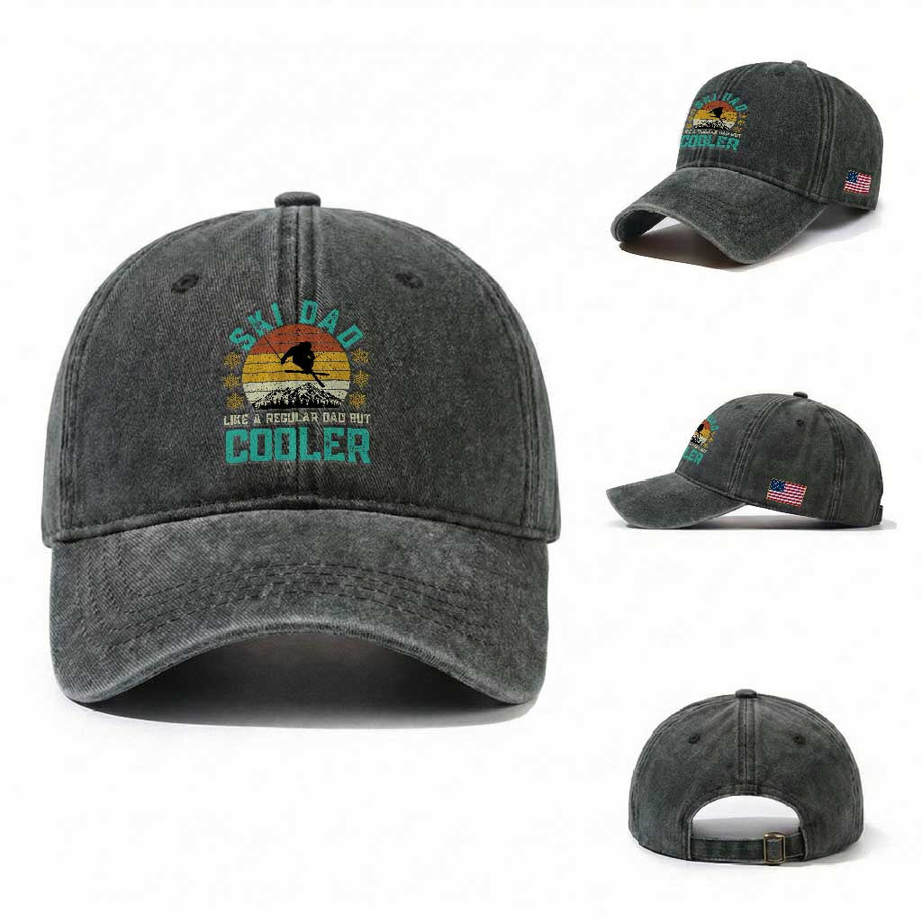 Funny Retro Skiing Father's Day Washed Cotton Baseball Cap Ski Dad Like A Normal Dad But Cooler TS11 Washed Cap Universal Fit Dark Green Print Your Wear