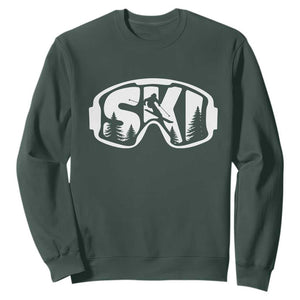 Funny Skiing Sweatshirt Ski Goggles Winter Sport Snow Mountain TS11 Dark Forest Green Print Your Wear