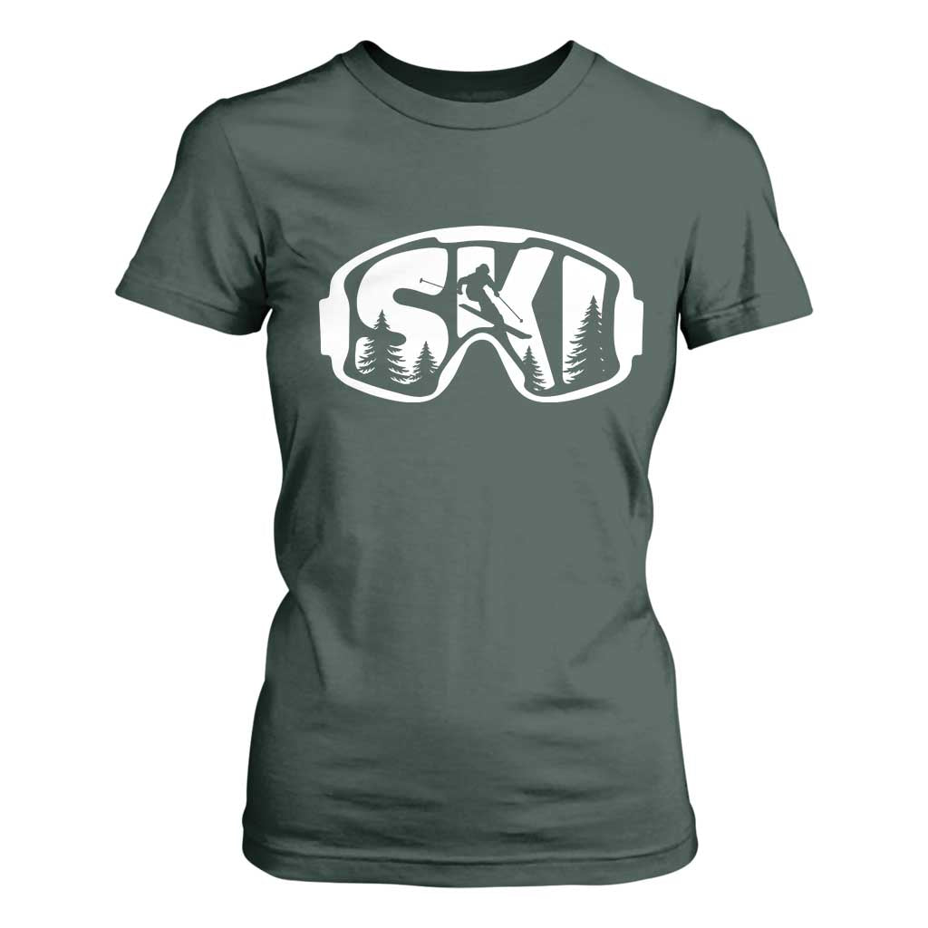 Funny Skiing T Shirt For Women Ski Goggles Winter Sport Snow Mountain TS11 Dark Forest Green Print Your Wear