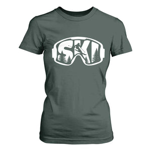 Funny Skiing T Shirt For Women Ski Goggles Winter Sport Snow Mountain TS11 Dark Forest Green Print Your Wear