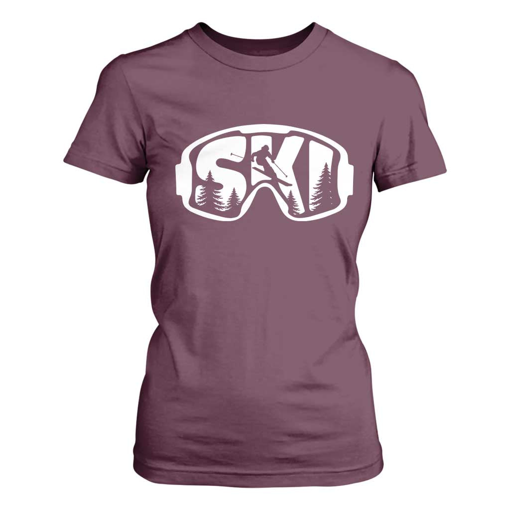 Funny Skiing T Shirt For Women Ski Goggles Winter Sport Snow Mountain TS11 Maroon Print Your Wear