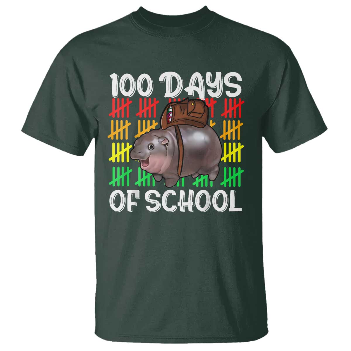 Funny Moo Deng 100 Days Of School T Shirt TS11 Dark Forest Green Print Your Wear
