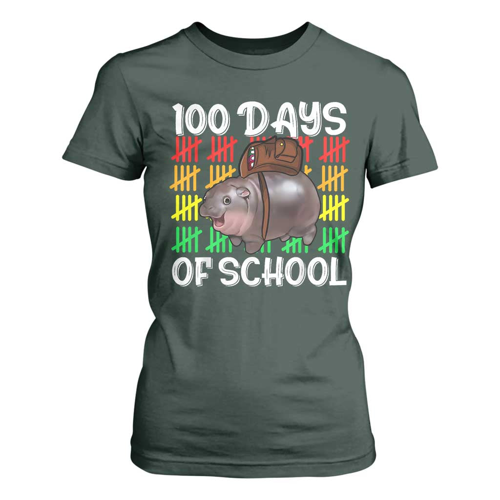 Funny Moo Deng 100 Days Of School T Shirt For Women TS11 Dark Forest Green Print Your Wear