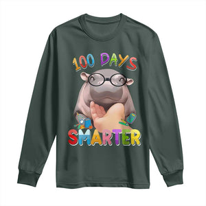 Funny Moo Deng 100 Days Smarter Long Sleeve Shirt Teachers Students 100th Day Of School TS11 Dark Forest Green Print Your Wear
