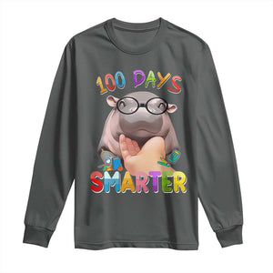 Funny Moo Deng 100 Days Smarter Long Sleeve Shirt Teachers Students 100th Day Of School TS11 Dark Heather Print Your Wear