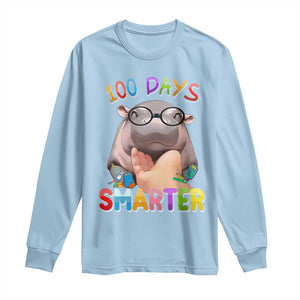Funny Moo Deng 100 Days Smarter Long Sleeve Shirt Teachers Students 100th Day Of School TS11 Light Blue Print Your Wear