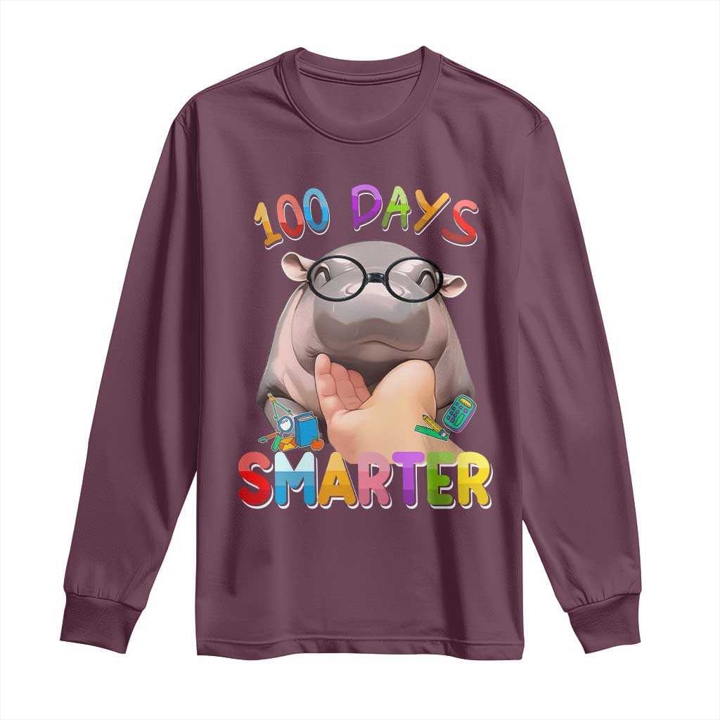 Funny Moo Deng 100 Days Smarter Long Sleeve Shirt Teachers Students 100th Day Of School TS11 Maroon Print Your Wear