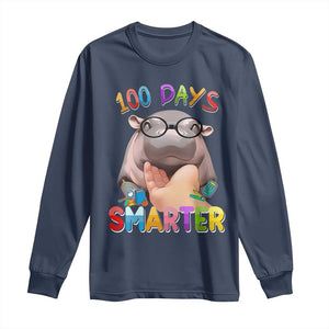 Funny Moo Deng 100 Days Smarter Long Sleeve Shirt Teachers Students 100th Day Of School TS11 Navy Print Your Wear