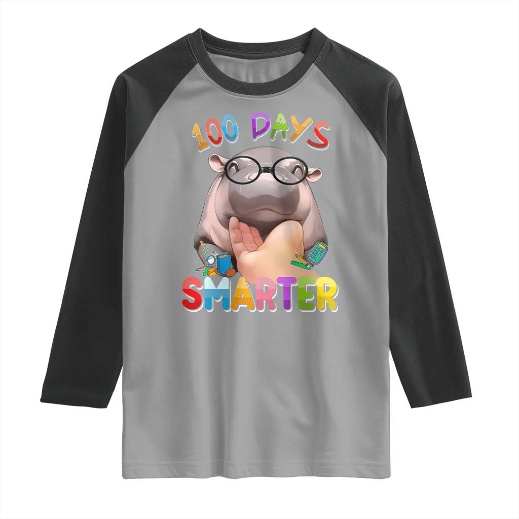 Funny Moo Deng 100 Days Smarter Raglan Shirt Teachers Students 100th Day Of School TS11 Sport Gray Black Print Your Wear