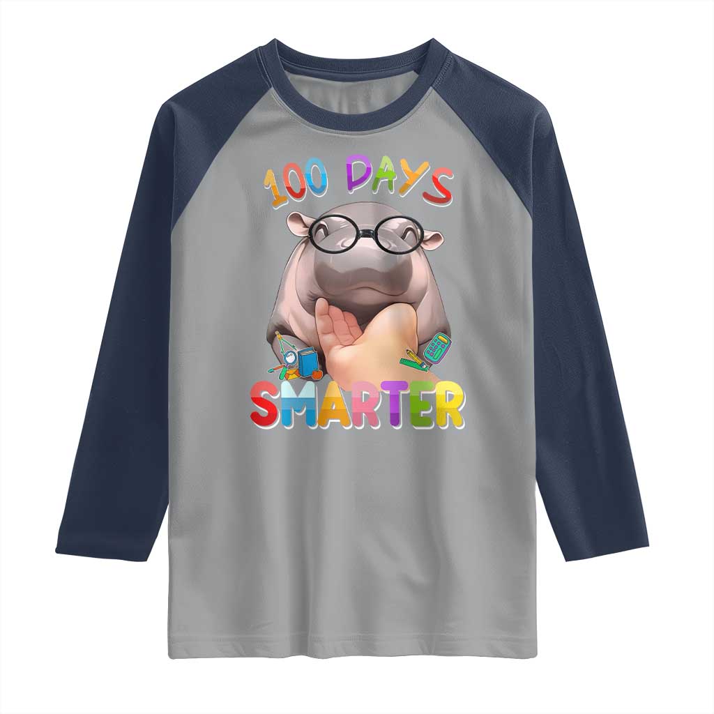 Funny Moo Deng 100 Days Smarter Raglan Shirt Teachers Students 100th Day Of School TS11 Sport Gray Navy Print Your Wear