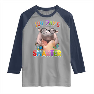 Funny Moo Deng 100 Days Smarter Raglan Shirt Teachers Students 100th Day Of School TS11 Sport Gray Navy Print Your Wear